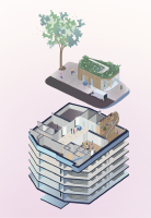 Illustration vectorielle en axonométrie représentant une vision éclatée de l'immeuble inversé